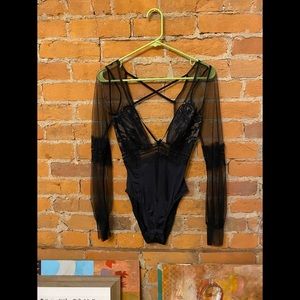 For Love & Lemons Black Lace Long Sleeve Bodysuit, Size XS